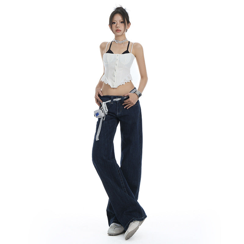 Women's Original Color Straight Leg Jeans - Low Waist Slim Wide Leg Pants