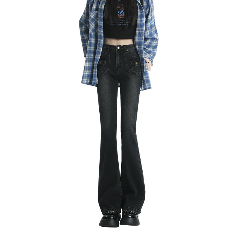 Women's Retro Orange Satin Flare Jeans with Multi-Pocket Design