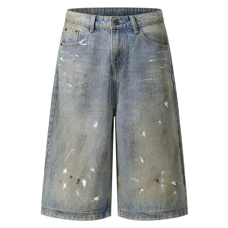 Men's Denim Blue Dirty Fit A-line Wide Leg Loose Seven-eighths Jeans