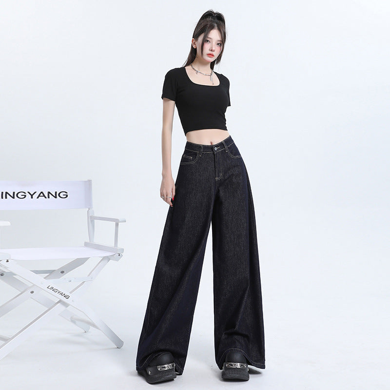 Loose Wide-Leg Denim Pants for Women - High-Waist Draped Straight Ankle-Length Trousers