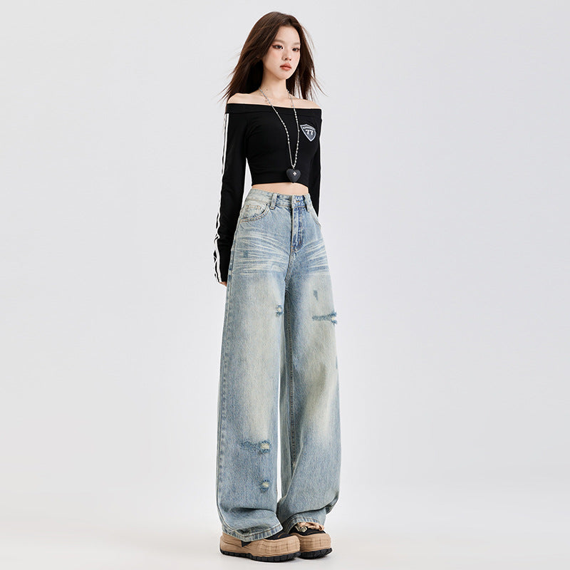 Denim Pants Spring New Washed Distressed Floor-Length Wide Straight Leg Pants for Women