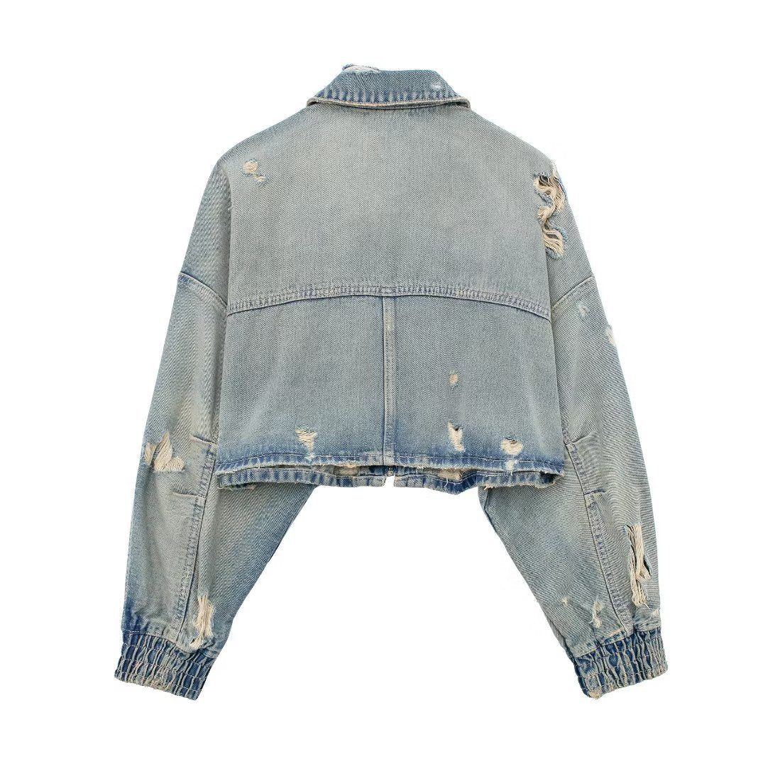 Women's Autumn/Winter Ripped Crop Denim Jacket - Vintage Long Sleeve Zipper Streetwear