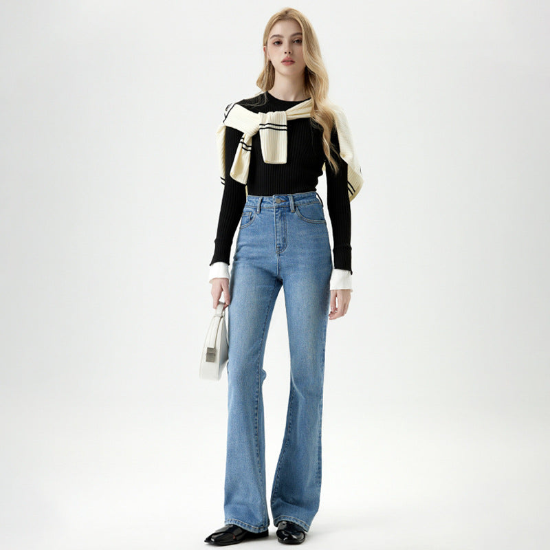 High-Waisted Flared Denim Pants for Women - Slimming Straight Leg Floor-Length Trousers