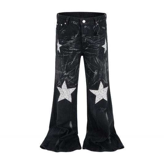 Washed and Rhinestone Denim Wide Leg Pants