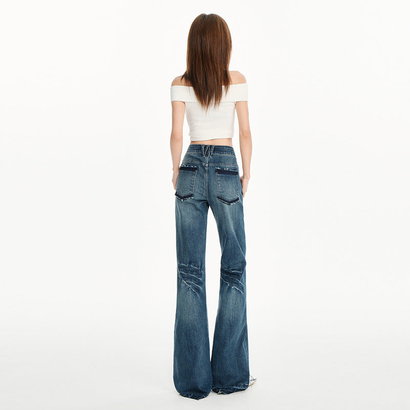 Women's Heavy Washed Flared Denim Pants with Low Waist
