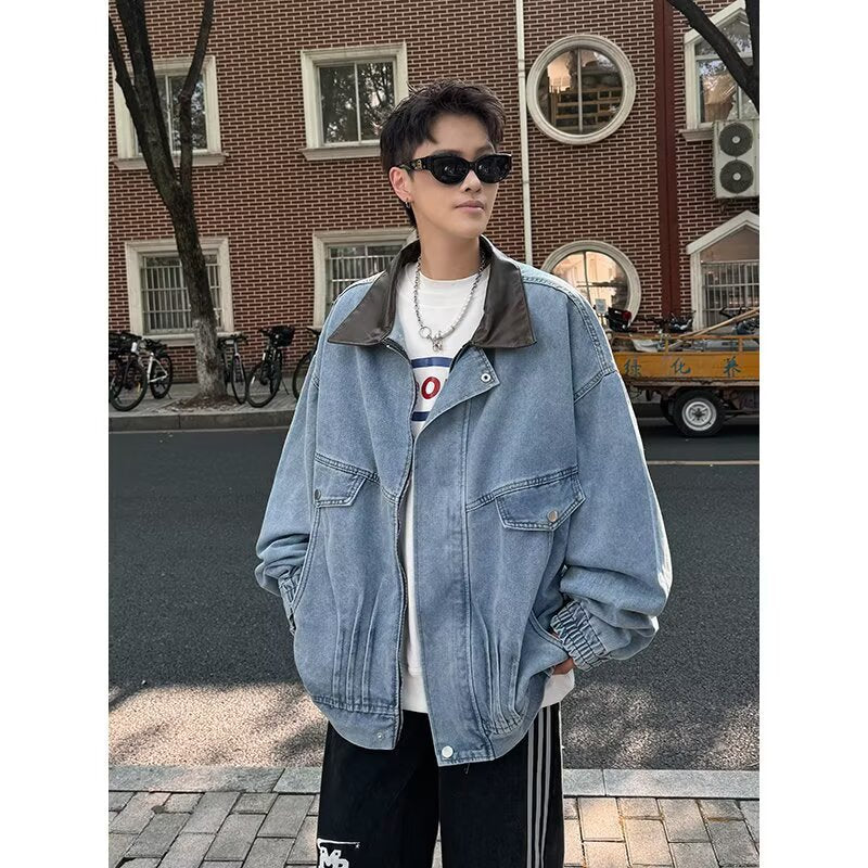 High Street Silhouette Washed Denim Color Blocked Lapel Jacket