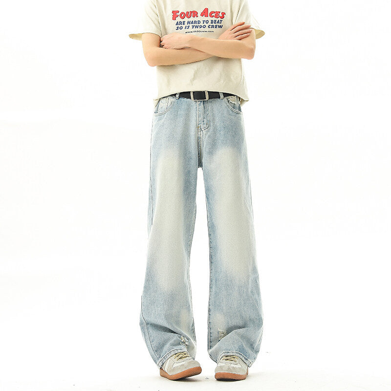 Retro Washed Hanging Straight Leg Jeans - Loose Light Blue Long Pants