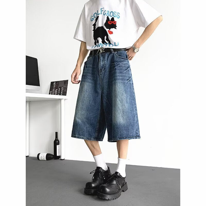 Lightning Pattern Seven Quarter Denim Loose Shorts with Wide Legs
