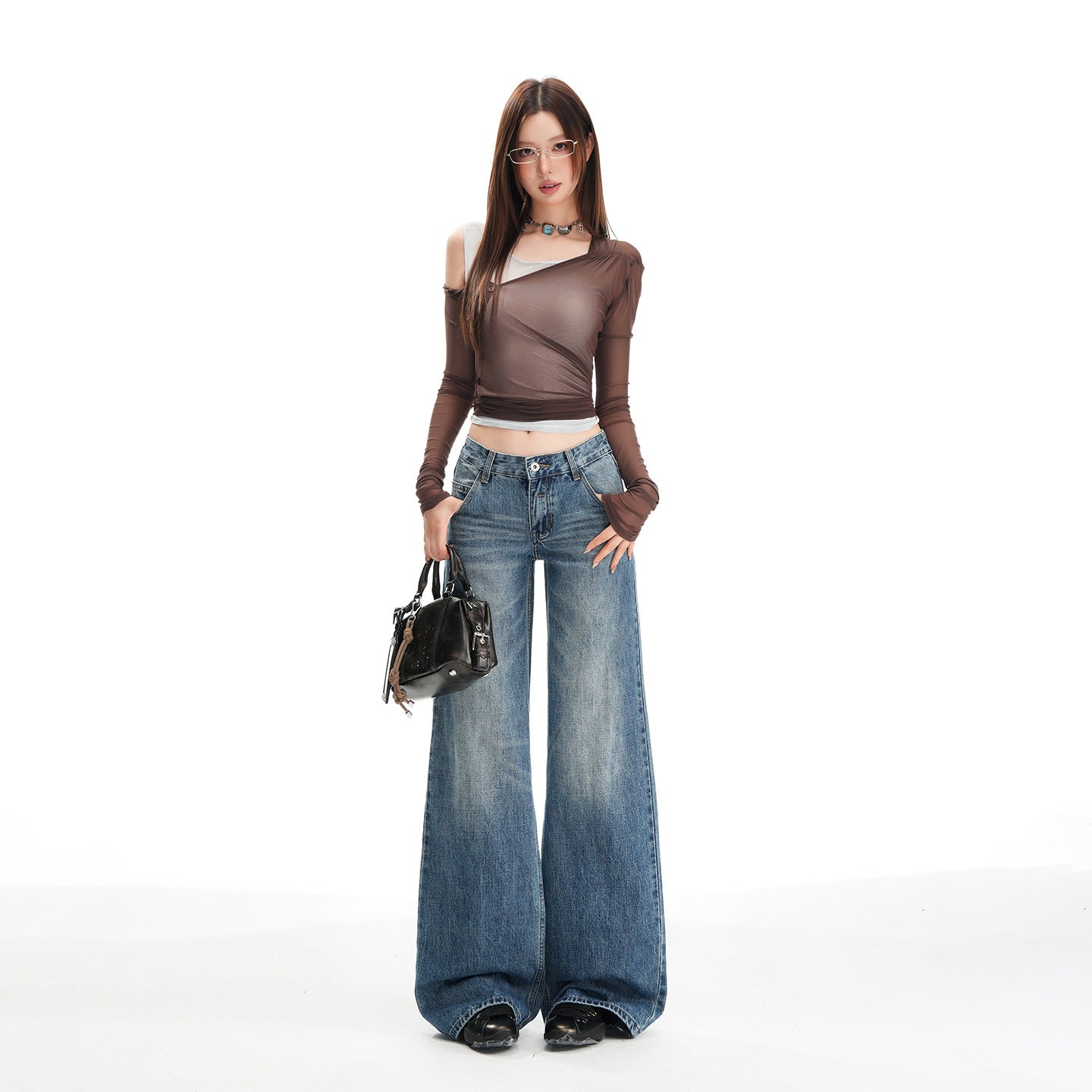 Women's Washed Low Waist Wide Leg Jeans - Loose Slim Floor-Length Pants