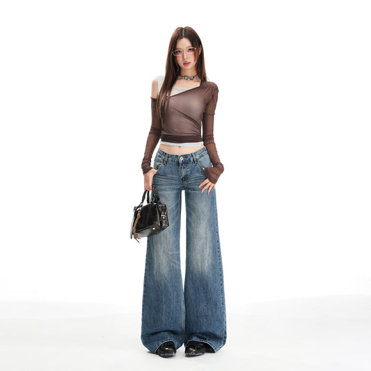 Women's Washed Low Waist Wide Leg Jeans - Loose Slim Floor-Length Pants