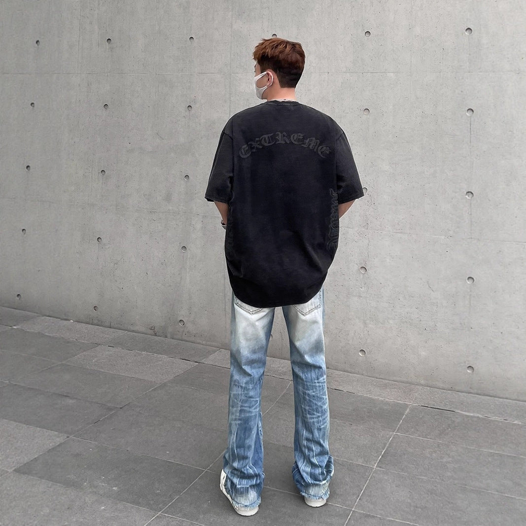 Streetwear Distressed Washed Ripped Flared Jeans for Men