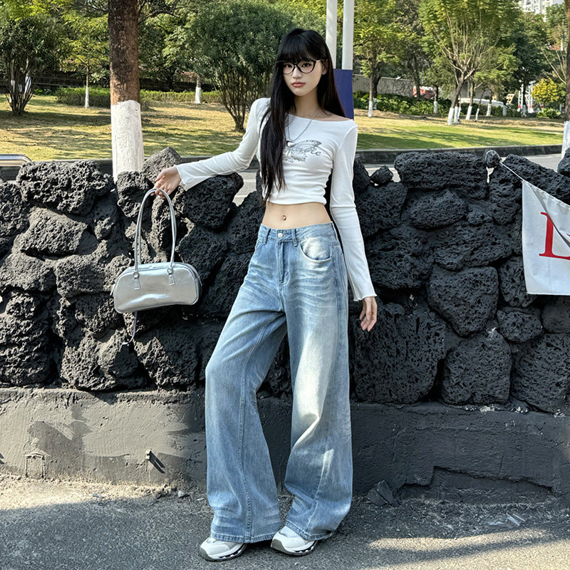 Light Blue Denim Pants Women - Water Washed Wide Leg Loose Straight Trousers