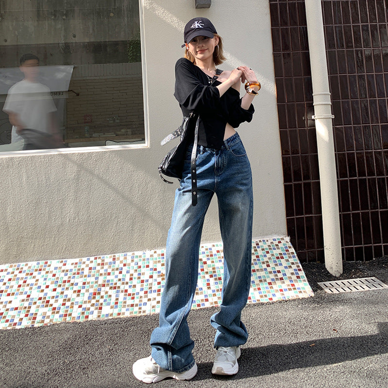 Straight Jeans for Women - Loose Slimming Washed Wide Leg Floor-Length Pants