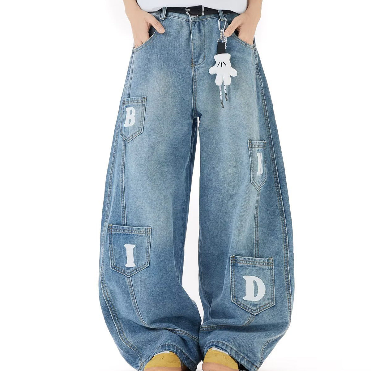 Washed Multi Pocket Design Curved Knife Denim Loose Pants