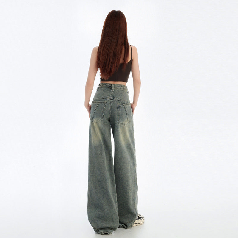 Blue Wide Leg Jeans with Deconstructed Design - Women's Straight Leg Denim Pants