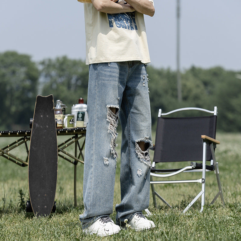 Premium Loose Straight Leg Wide Leg Long Pants - Blue Denim