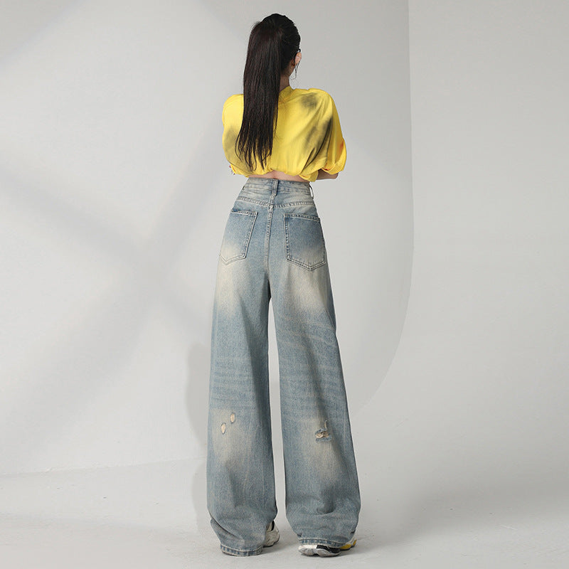 Retro Distressed Washed Ripped Jeans for Women - Loose High Waist Slim Wide Leg Floor-Length Pants