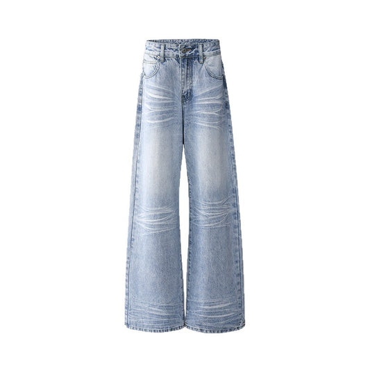 Summer Loose Straight Leg Commuting Pants in Washed Blue Denim
