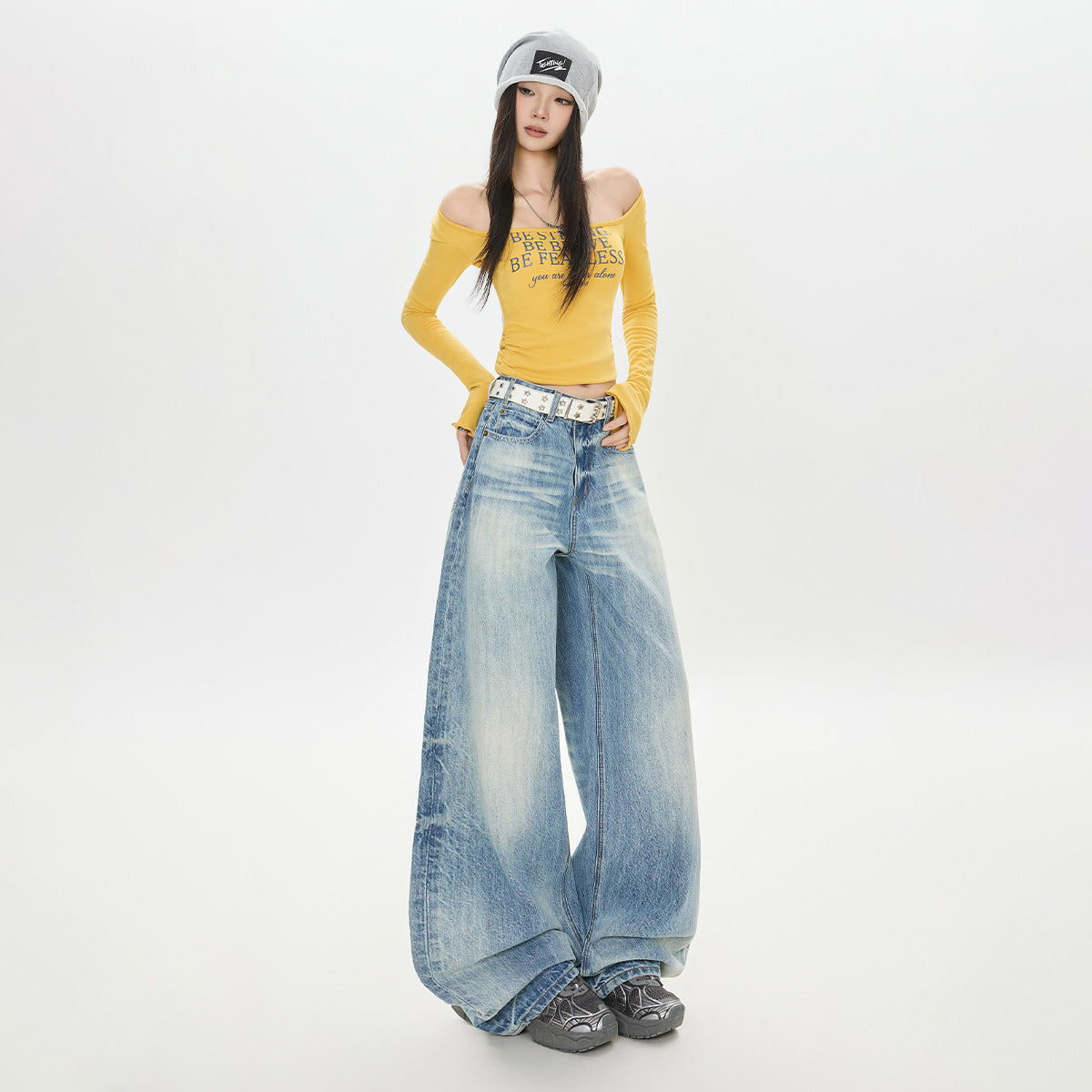 Washed Denim Pants for Women - Loose Fit, High Waist, Pleated Design