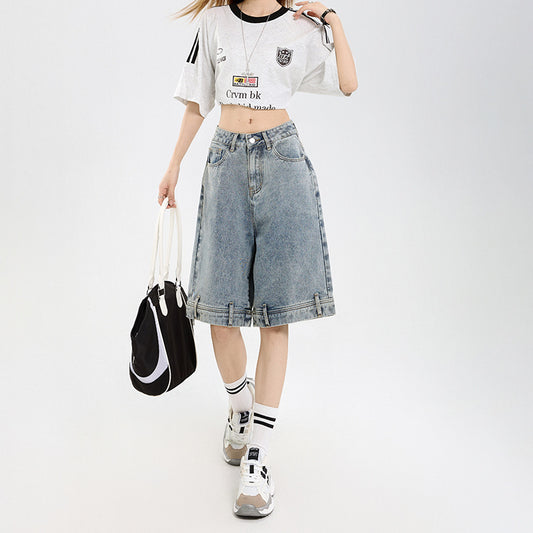 Retro Design Denim Shorts for Women - Loose Five-Quarter Pants