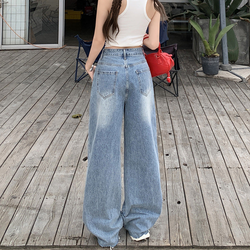 Retro Washed Wide-Leg Jeans for Women - High-Waist Loose Frayed Straight Pants