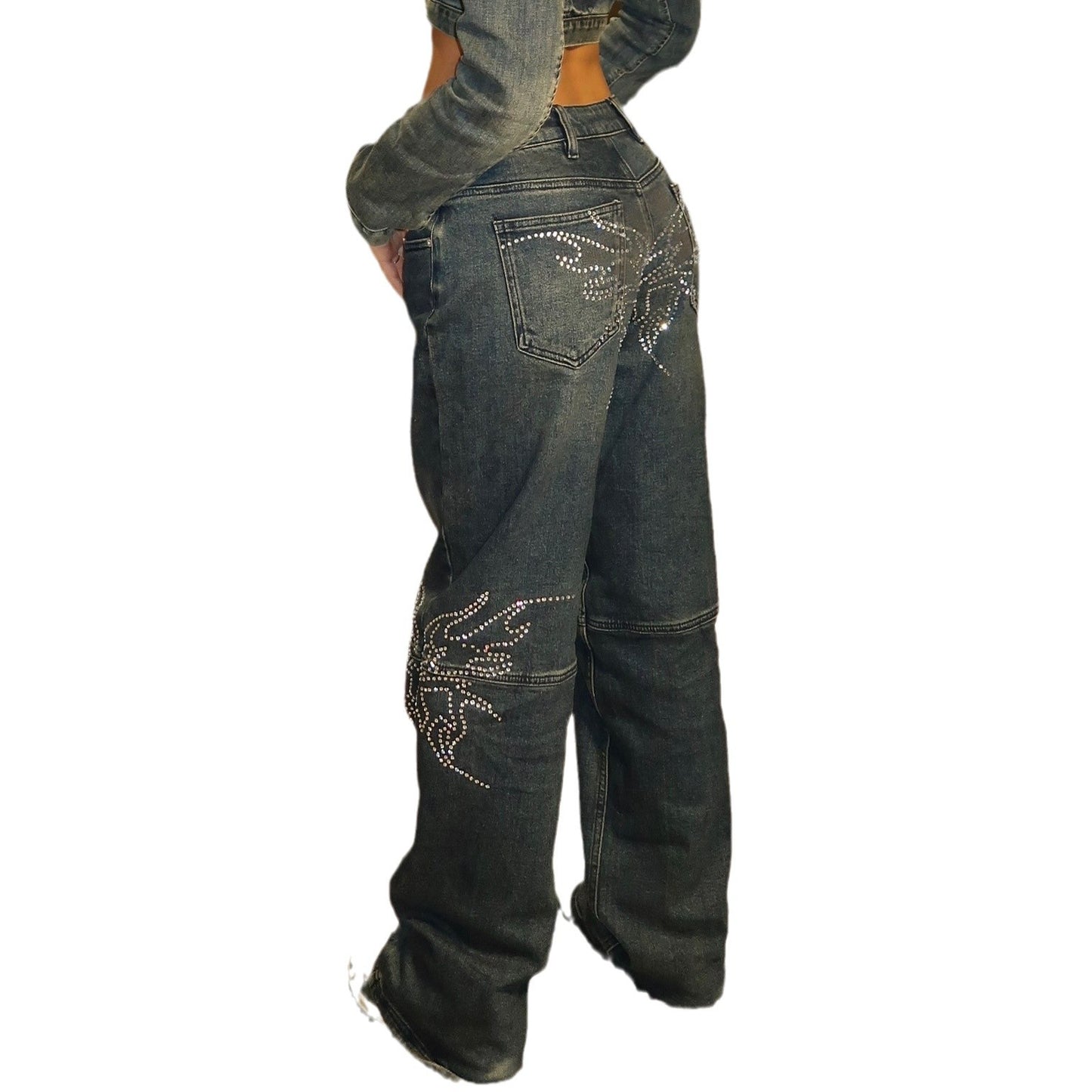 Spicy Girl's Winged Rhinestone Washed Jeans - Custom Wholesale Trendsetter