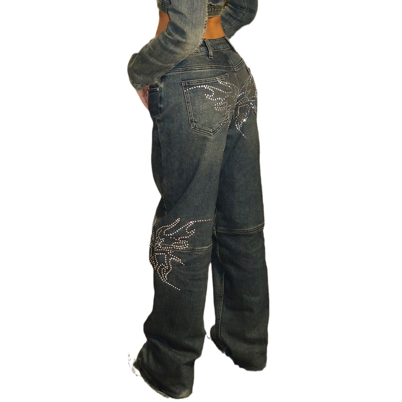 Spicy Girl's Winged Rhinestone Washed Jeans - Custom Wholesale Trendsetter