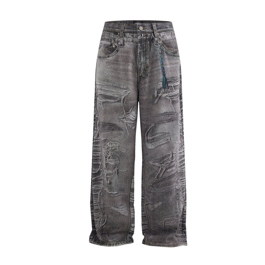 Washed 3D Printed Denim Wide Leg Pants