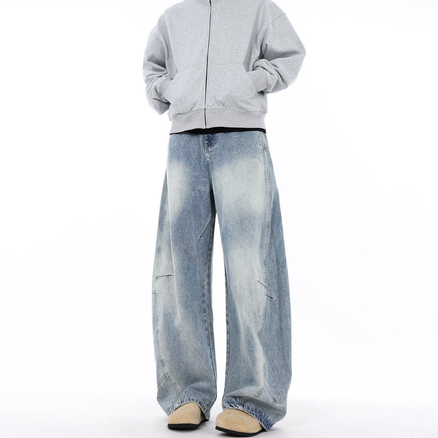 Wrinkle Splicing Lightning Pattern Washed White Jeans