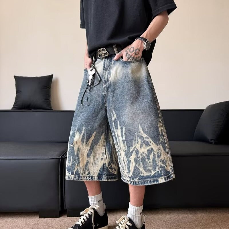 Lightning Stripe Tie-Dyed Denim Seven-Quarter Shorts