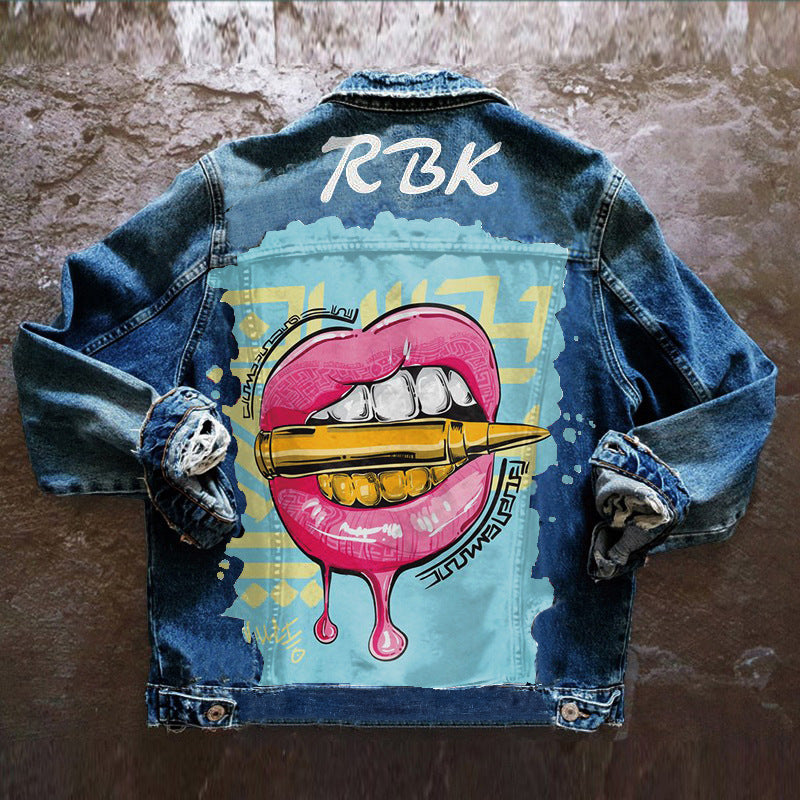 Women's Autumn Hot Selling Tongue Out Print Denim Jacket