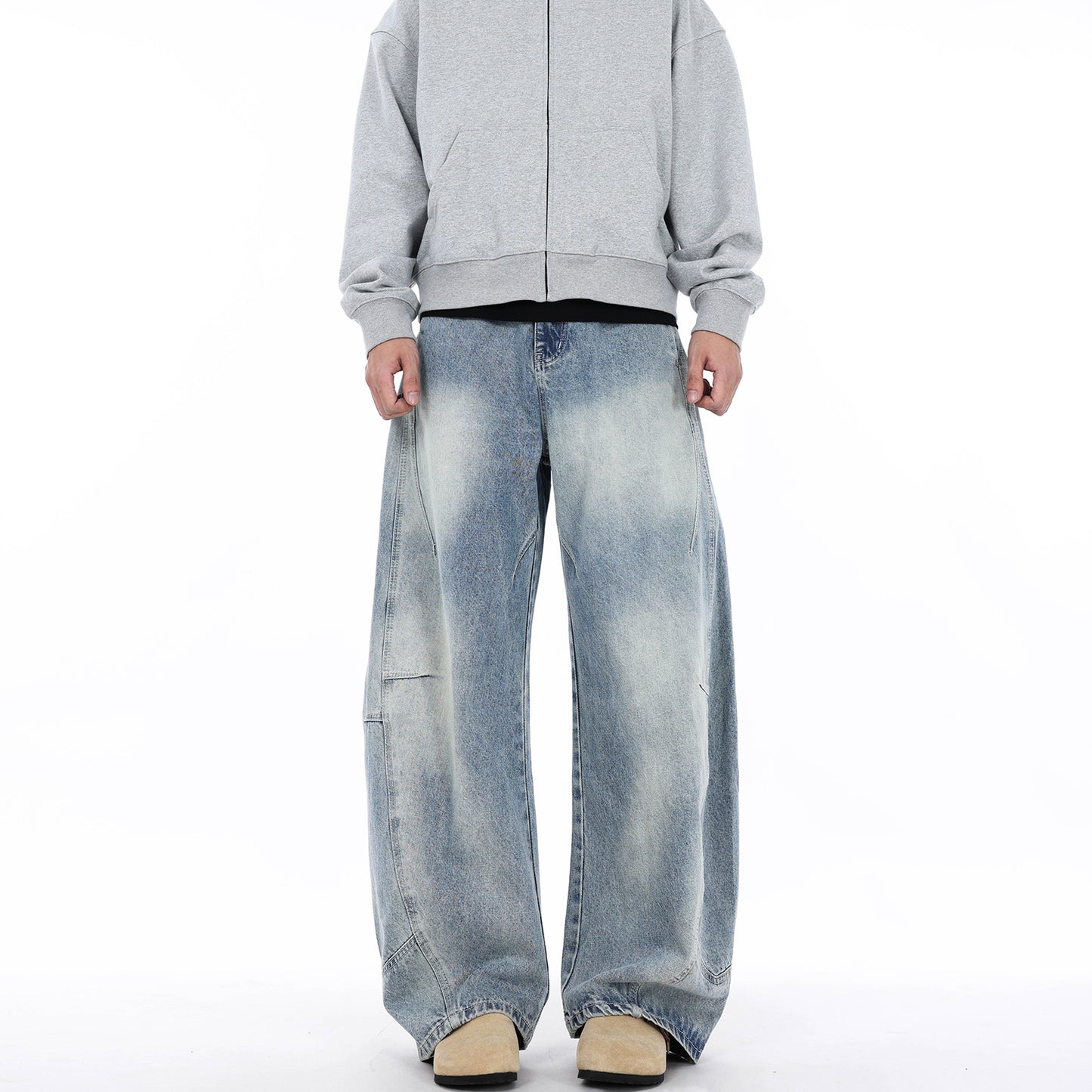 Wrinkle Splicing Lightning Pattern Washed White Jeans