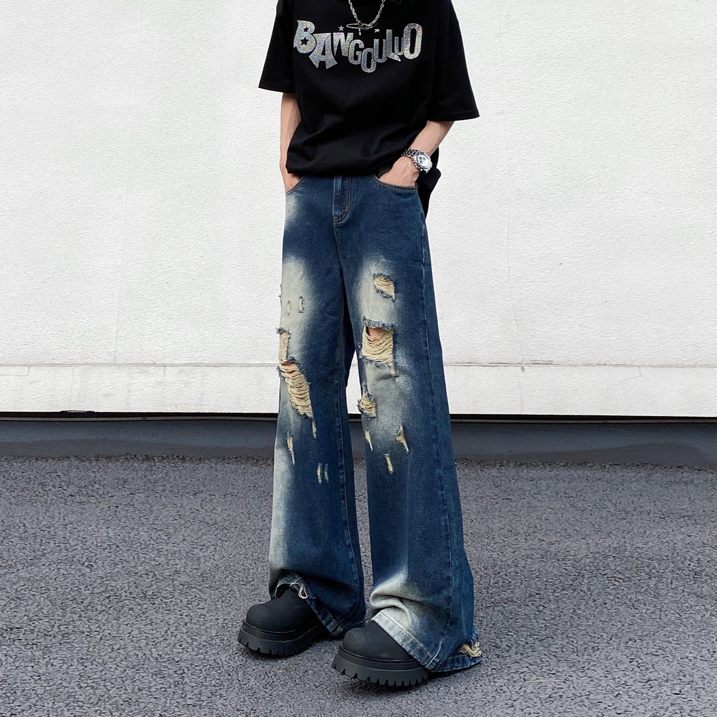 Ripped Blue Denim Loose Straight Casual Pants
