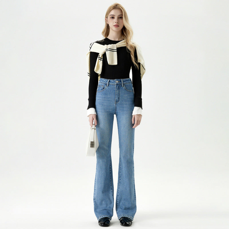 High-Waisted Flared Denim Pants for Women - Slimming Straight Leg Floor-Length Trousers
