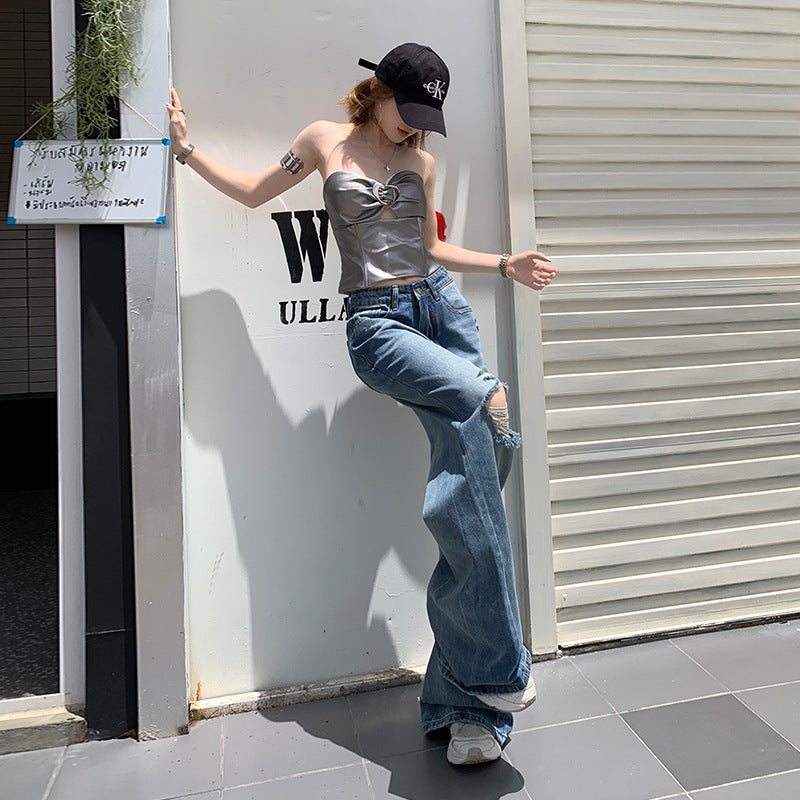 Women's Denim Blue Distressed Wide Leg Pants - Loose Fit Slimming Floor Length Trousers