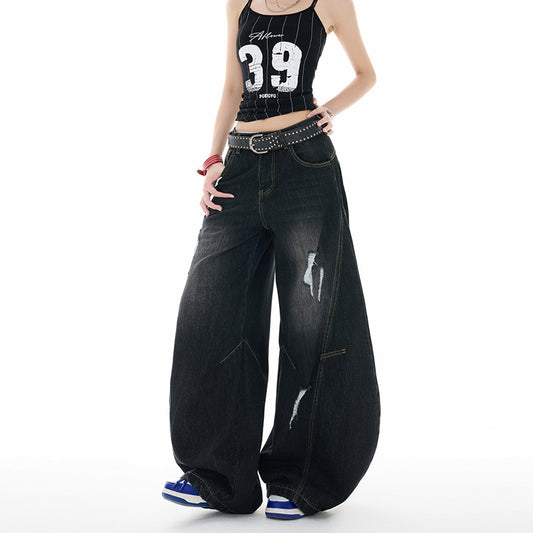 Retro Distressed Slash Jeans for Women - Casual Wide Leg Denim Pants