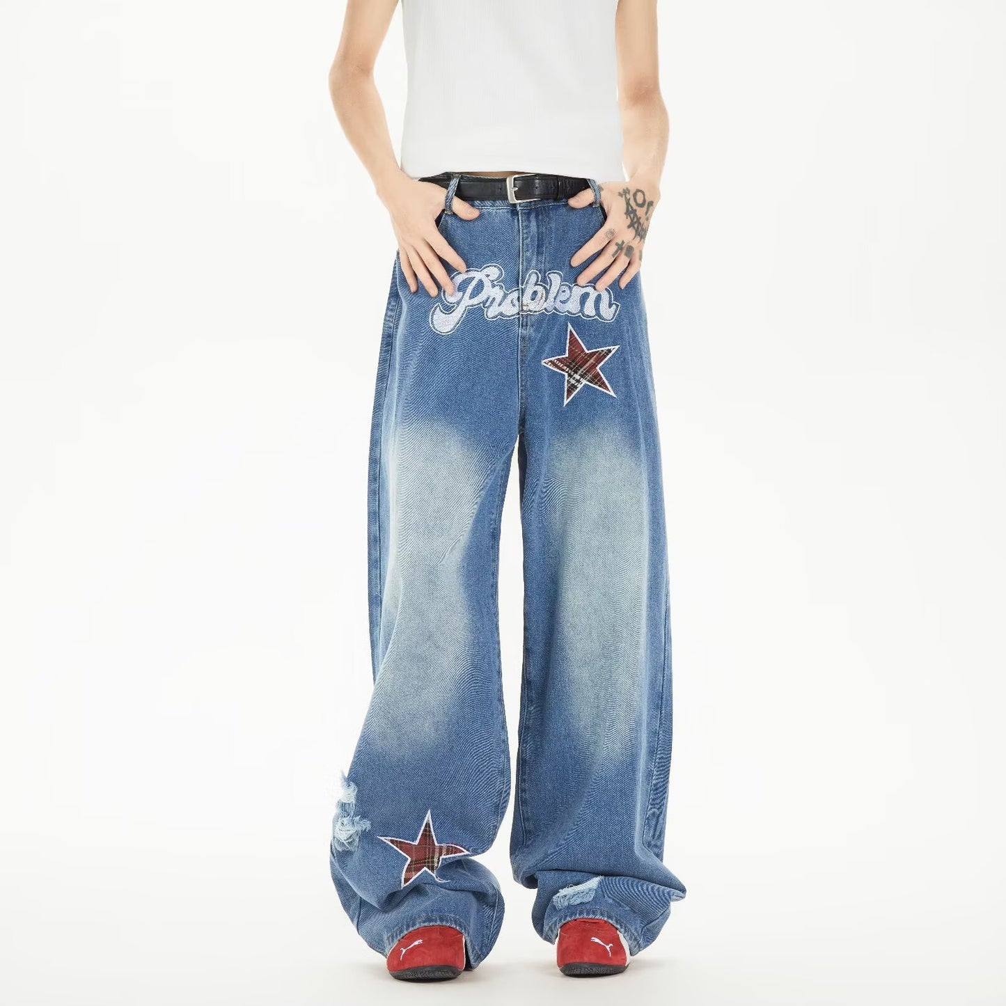 Star Embroidered Cowboy Loose Wide Leg Casual Pants