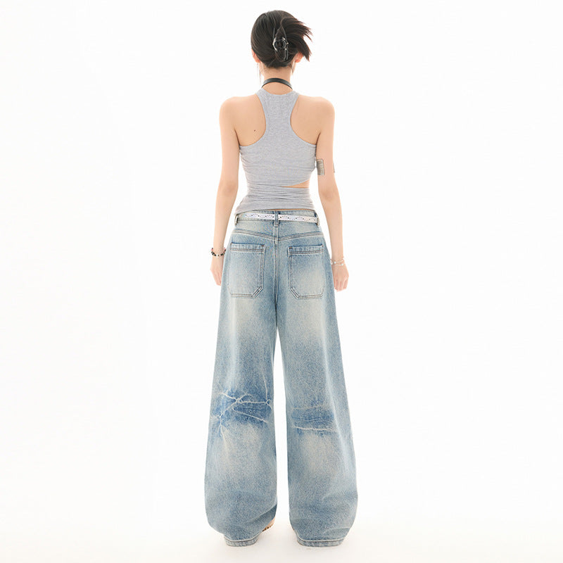 Women's Ripped Straight Leg Jeans - Washed Vintage Loose Wide Leg Pants