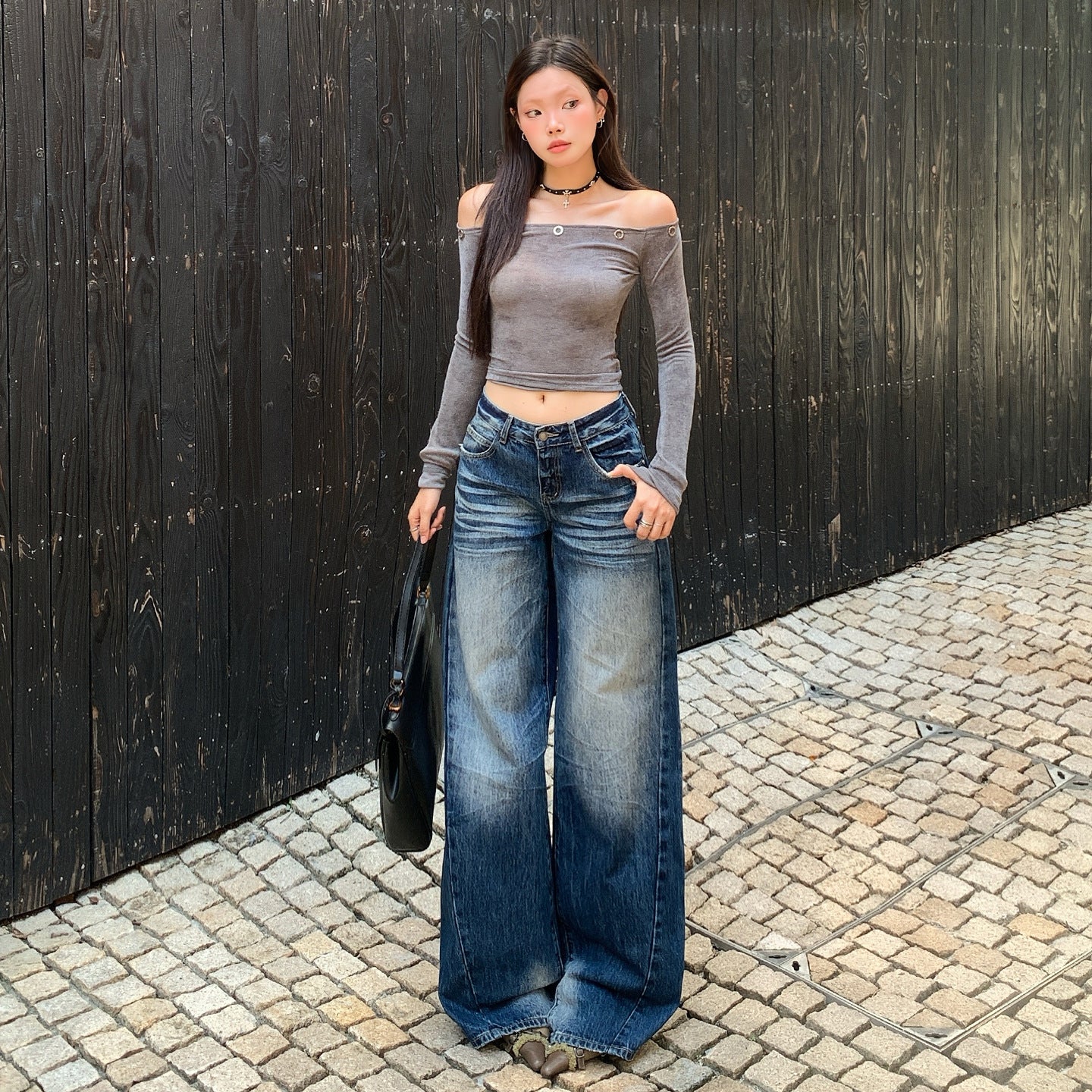 Style Washed Wrinkled Denim Pants for Women - Loose High Waist Versatile Slim Wide Leg Trousers