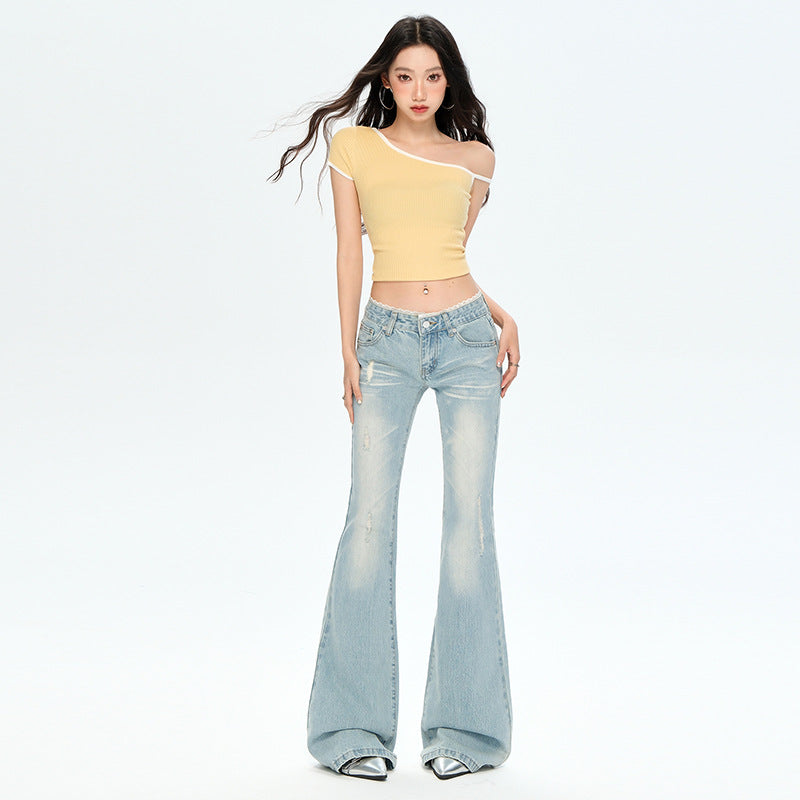 Light Blue Lace Waist Denim Pants - Low Waist Slim Straight Leg Flare Trousers