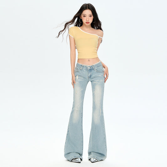 Light Blue Lace Waist Denim Pants - Low Waist Slim Straight Leg Flare Trousers