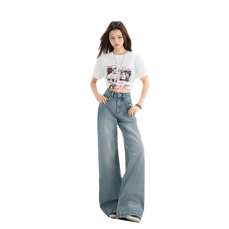 Women's Washed Draped High Waist Wide Leg Jeans