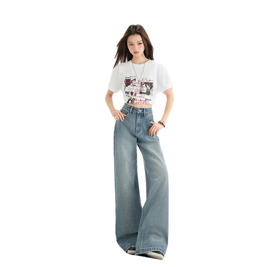Women's Washed Draped High Waist Wide Leg Jeans