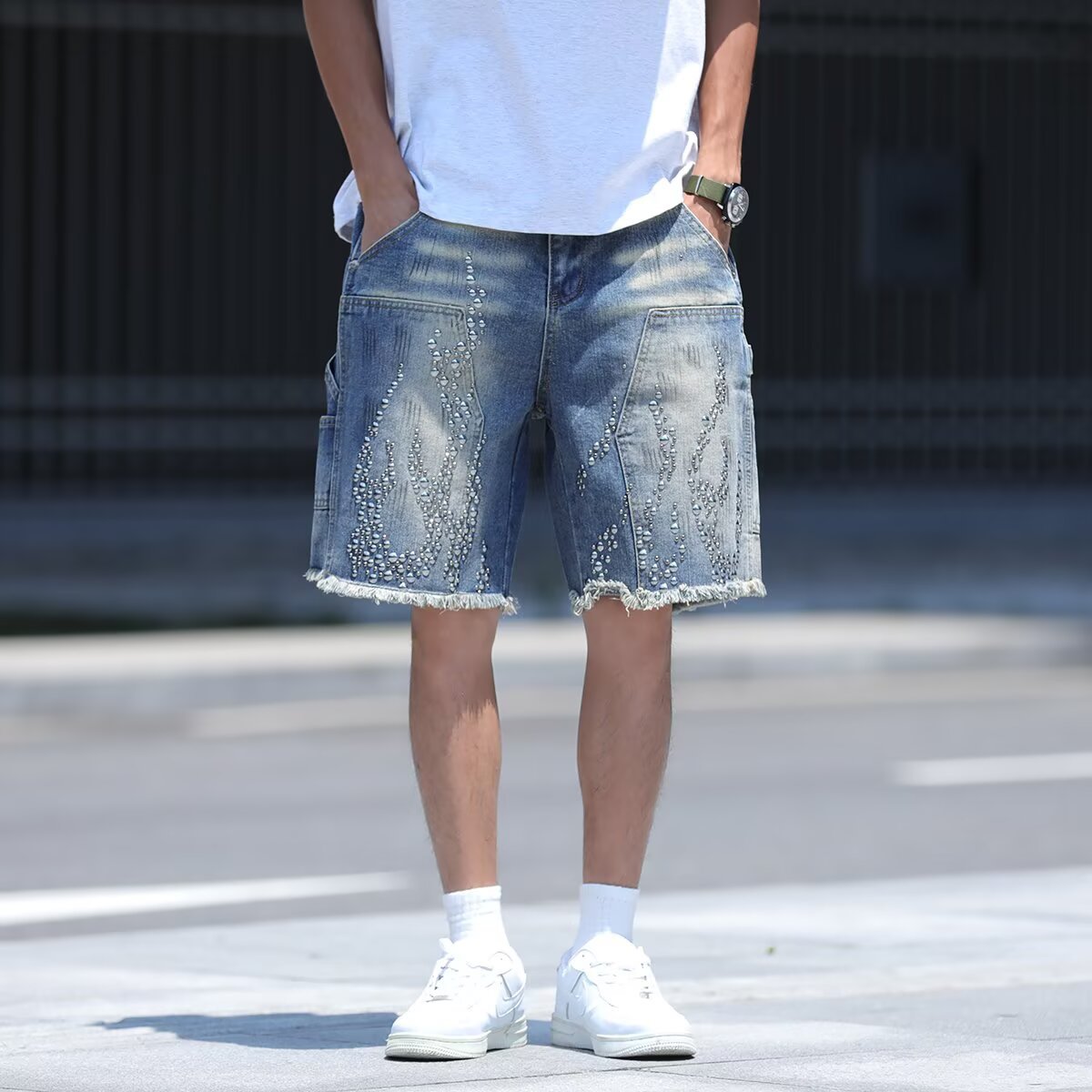 Heavy Industry Diamond Inlaid Cowboy Short Summer Casual Loose Shorts