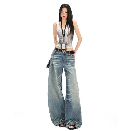 Retro Spicy Girl Washed Pleated Wide-Leg Jeans