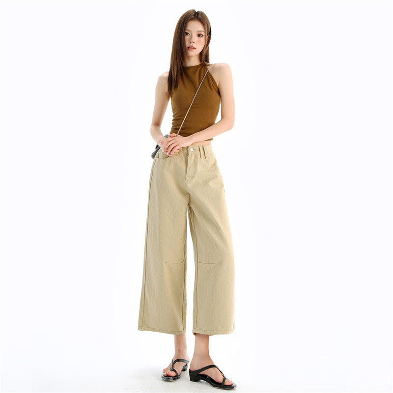 Vintage Washed Calf-Length Denim Pants for Women - Pleated High-Waisted Wide-Leg Trousers