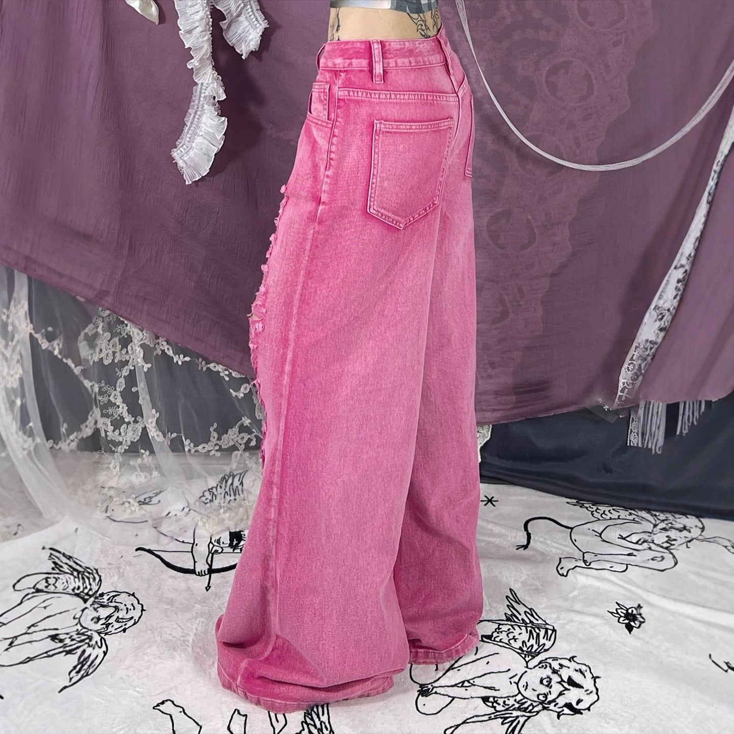 Perforated Hollowed Out Low Waisted Jeans for Women