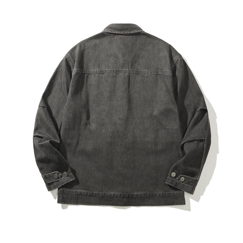 Heavyweight Vintage Workwear Jacket for Men - Loose Fit Distressed Washed Denim-Like Coat