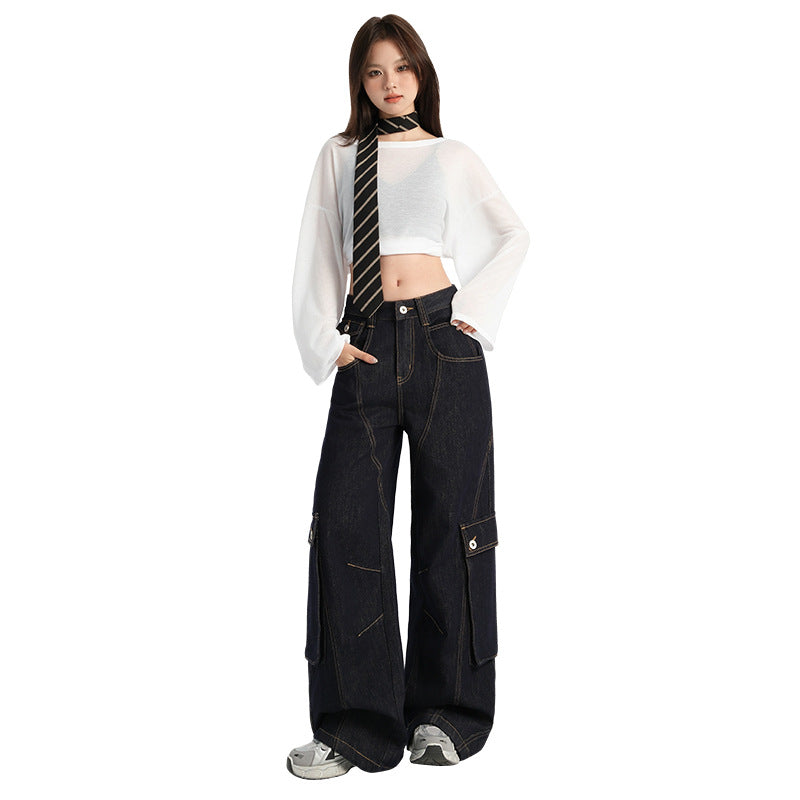 Women's Multi-Pocket Cargo Wide-Leg Jeans - Loose Slim Floor-Length Pants
