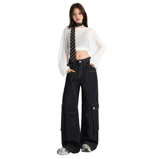 Women's Multi-Pocket Cargo Wide-Leg Jeans - Loose Slim Floor-Length Pants